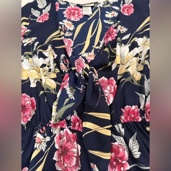 Floral V-Neck Romper - Navy and Pink - Picture 3 of 9